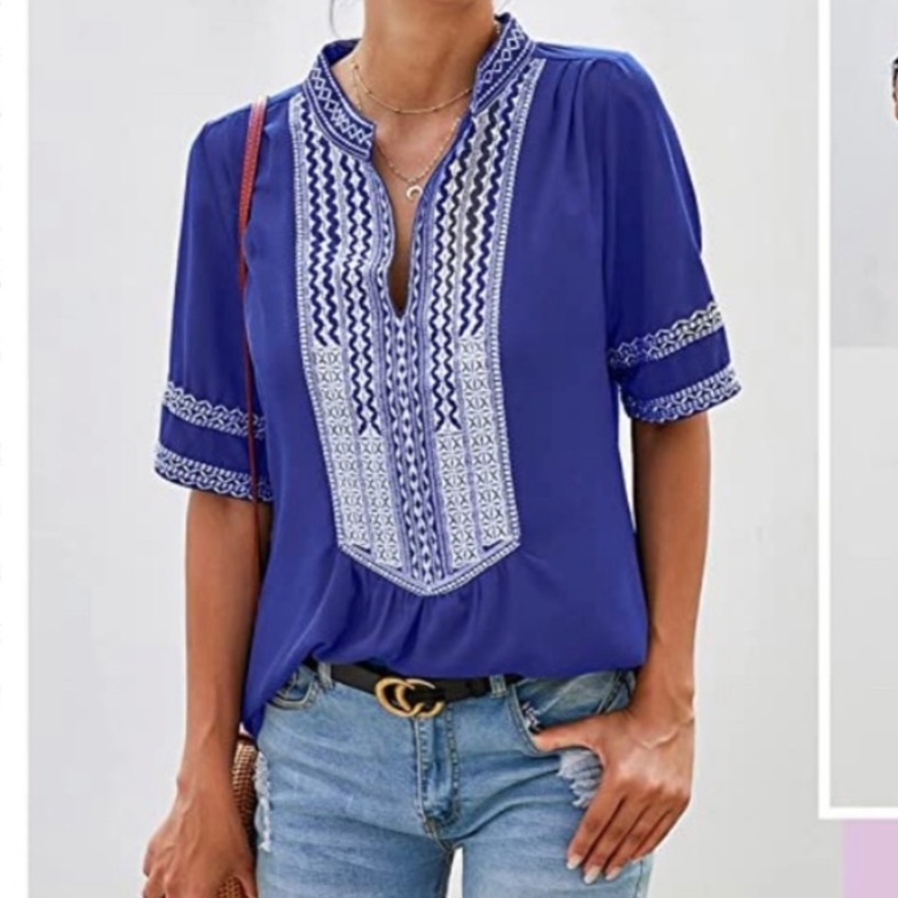 Women's Summer Boho Embroidered V-Neck Short Sleeve